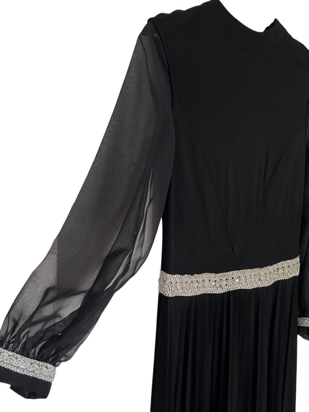 Vintage 70s Maxi Dress Gown S Black W/ Silver Trim Sheer Chiffon Puff Sleeves